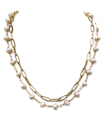 Pearl & Gold Paperclip Double Necklace