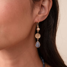 Load image into Gallery viewer, Dumortierite and Pearl Triple Drop Earrlings