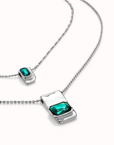 Double Sterling Silver-Plated Chain with Green Crystals