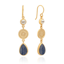 Load image into Gallery viewer, Dumortierite and Pearl Triple Drop Earrlings