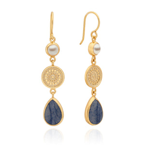 Dumortierite and Pearl Triple Drop Earrlings