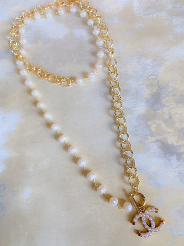Extra long CC pearl necklace