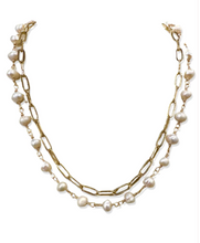 Load image into Gallery viewer, Pearl &amp; Gold Paperclip Double Necklace