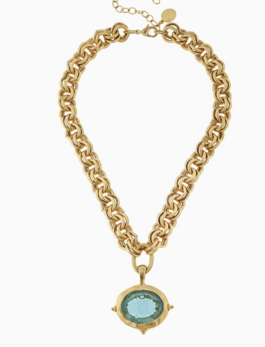 Aqua Venetian Glass Bee Intaglio On Gold Chain Necklace