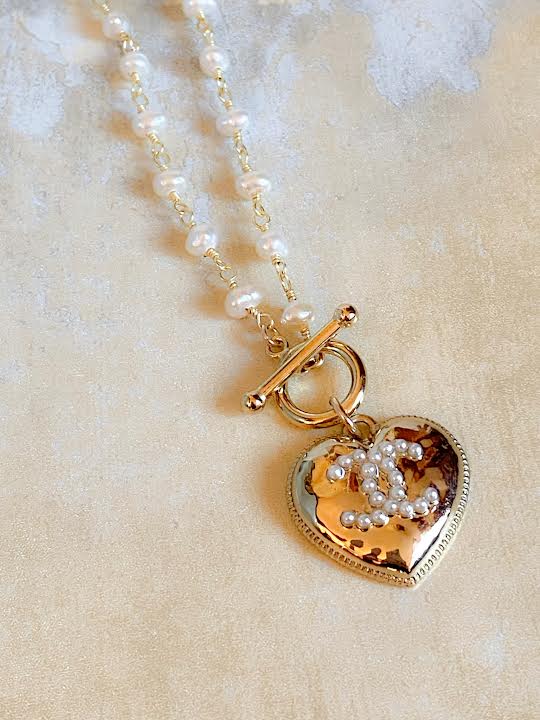 Gold Heart with Pearl CC necklace
