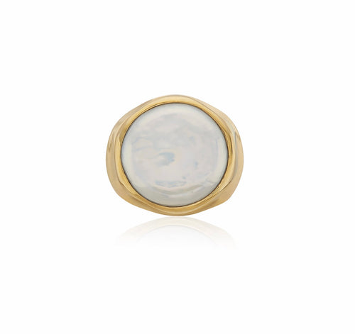 Large Wavy Coin Pearl Signet Ring