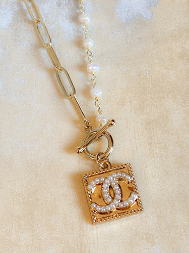 Gold CC square pendant necklace