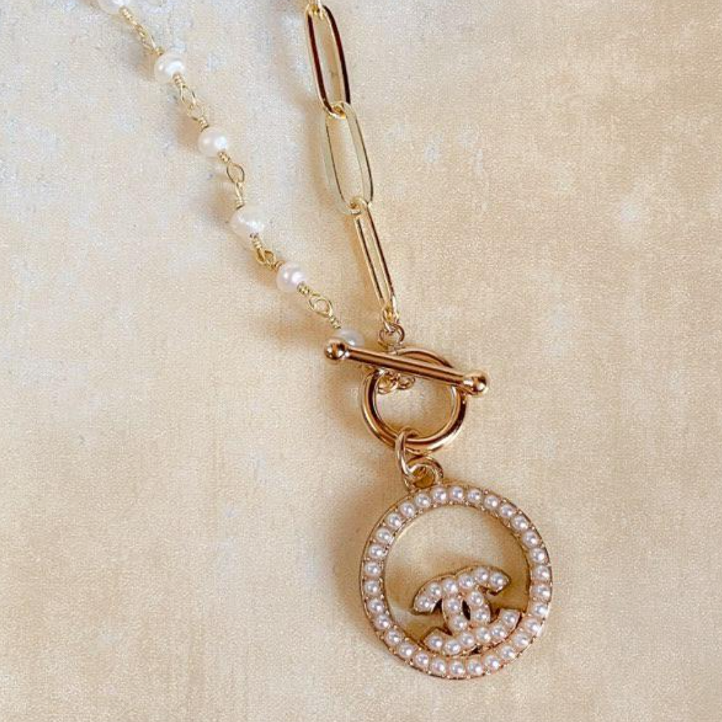 1/2 Paperclip & 1/2 Pearl Link Chain with Pearly CC Circle Charm