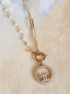 1/2 Paperclip & 1/2 Pearl Link Chain with Pearly CC Circle Charm