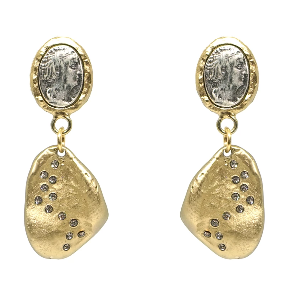Gold Coin & Crystal Impression Earrings