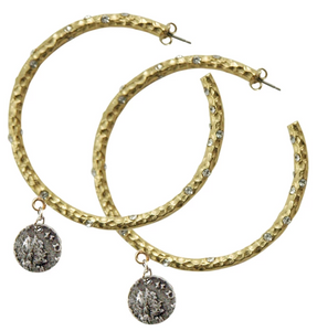 Gold Pavia Hoops with Crystals & Dangling Coin